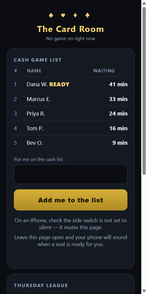 The player’s page on a phone: the cash queue, their place in it and the season standings